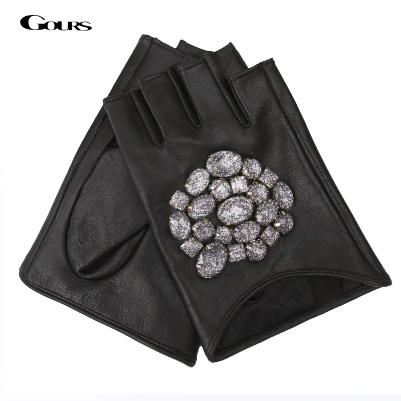 GOURS Fall and Winter Real Leather Gloves Women Black Genuine Goatskin Fingerless Gloves Fashion Stone Warm Mittens New GSL011