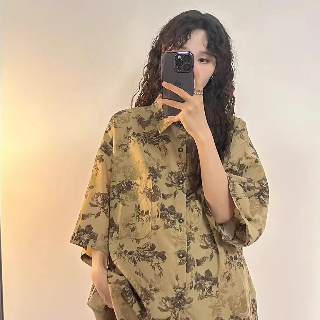 Rétro Hong Kong Sle Floral irt femmes ort Sve été nouveau Couple irt haut de gamme plage Vaion haut