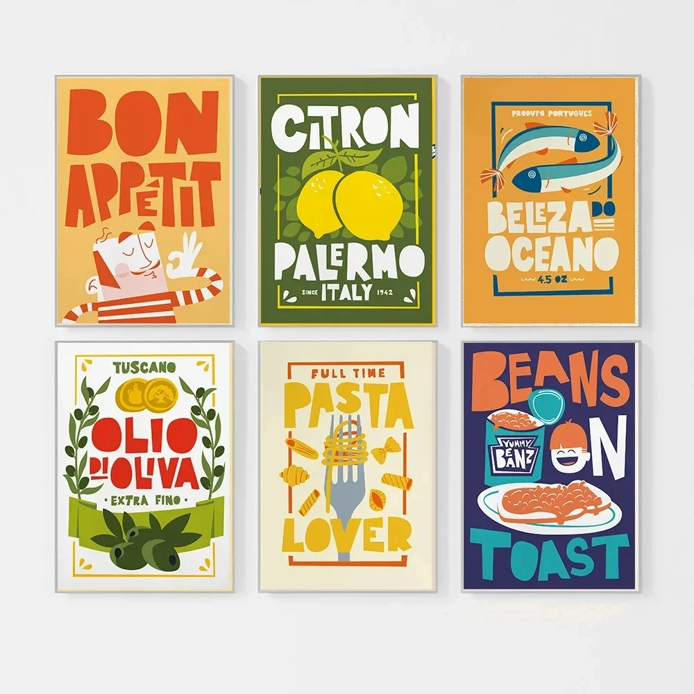 Multiple sizes 1pc frameless Canvas Painting Funny Beans on Toast Cartoon Canvas Art-‘Bon Appetit’ Food Quote Print for Kitchen