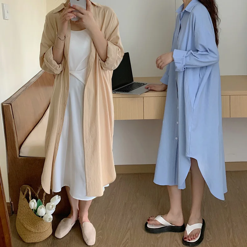 Neues langes weißes Hemdkleid für Frauen, Leinen, Baumwolle, 2023, Frühling, Sommer, lässige koreanische Kleidung, Vintage, übergroße Midi-Robe