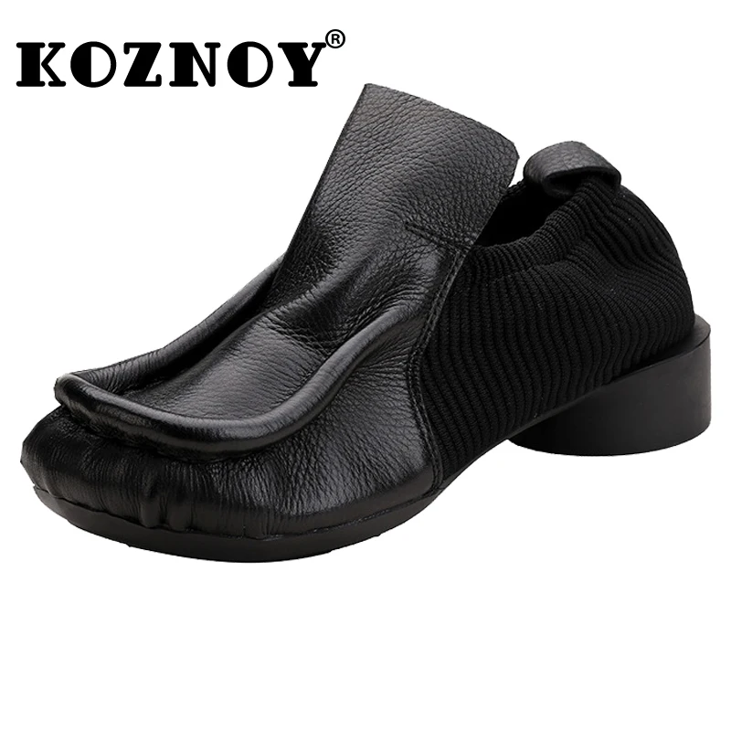 

Koznoy 3cm Knitted Women Moccassin Summer Slip on Comfy Soft Soled Flats Loafers Vintage Genuine Leather Novelty Round Toe Shoes