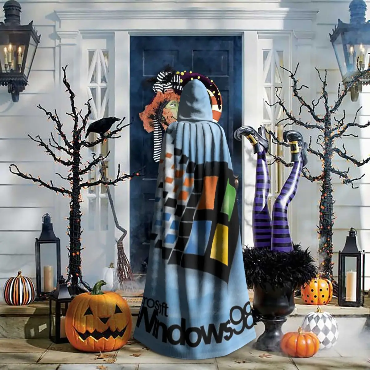 Windows 98 شاشة البداية عباءة طويلة مقنعين الساحرة القرون الوسطى زي تأثيري كيب هالوين معطف الكبار للجنسين