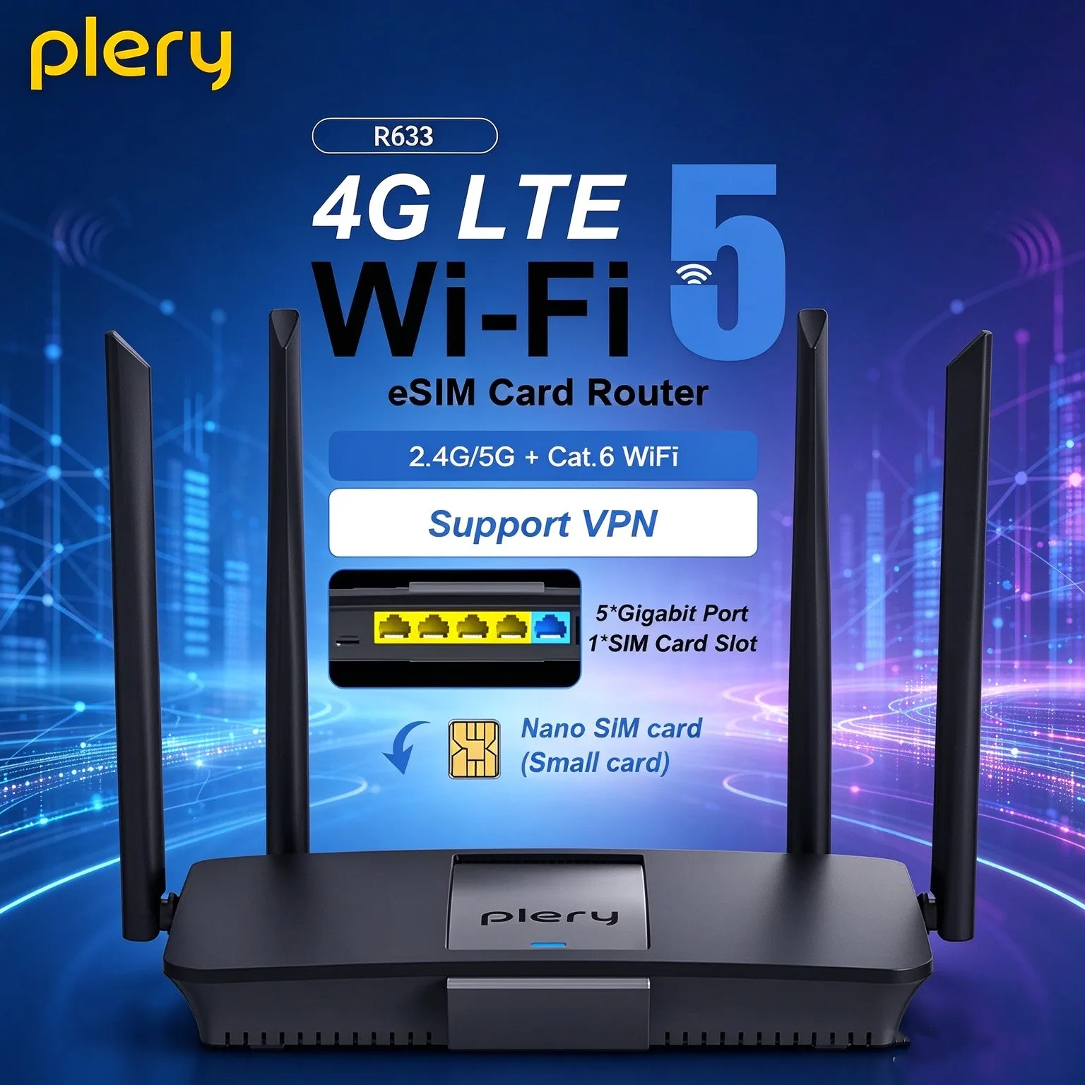 Plery 1200Mbps 4G LTE Cat6 Router 2.4+5.8GHz WiFi5 Wireless 5*Gigabit Ports VPN Support Nano SIM/eSIM Card 4G Routers EU Plug