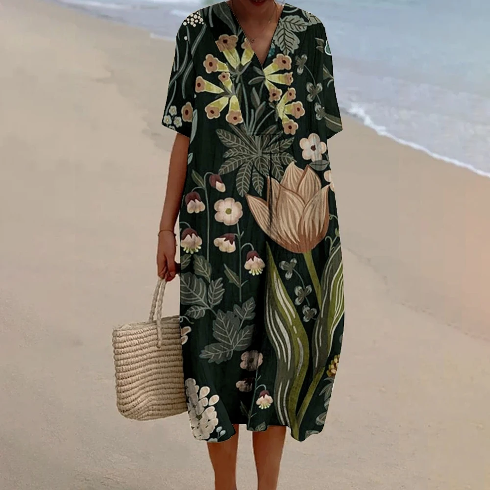 Women Summer Dresses Tulip Floral Print Short Sleeves Dress Boho Leave Floral Dress Long Midi Dress Loose Robes Casual Dress