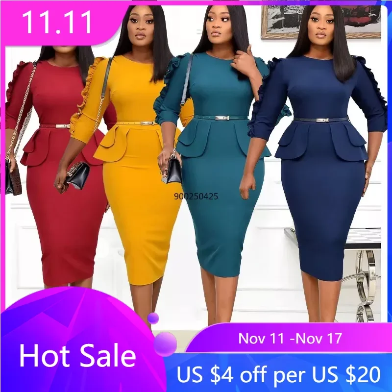 

2024 Autumn Fashion Style African Women Solid Color Dress African Dresses for Women African Clothing