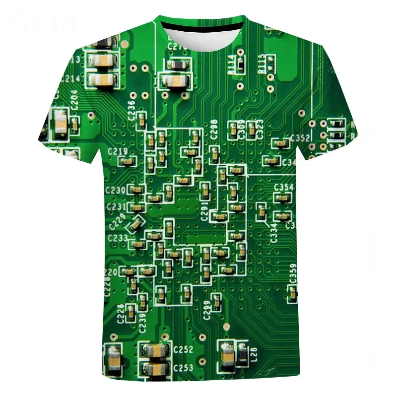 Summer Popular Circuit Board Pattern Men\'s T-shirt Casual Electronic Chip Creative Round Neck Comfortable Short Sleeved Top