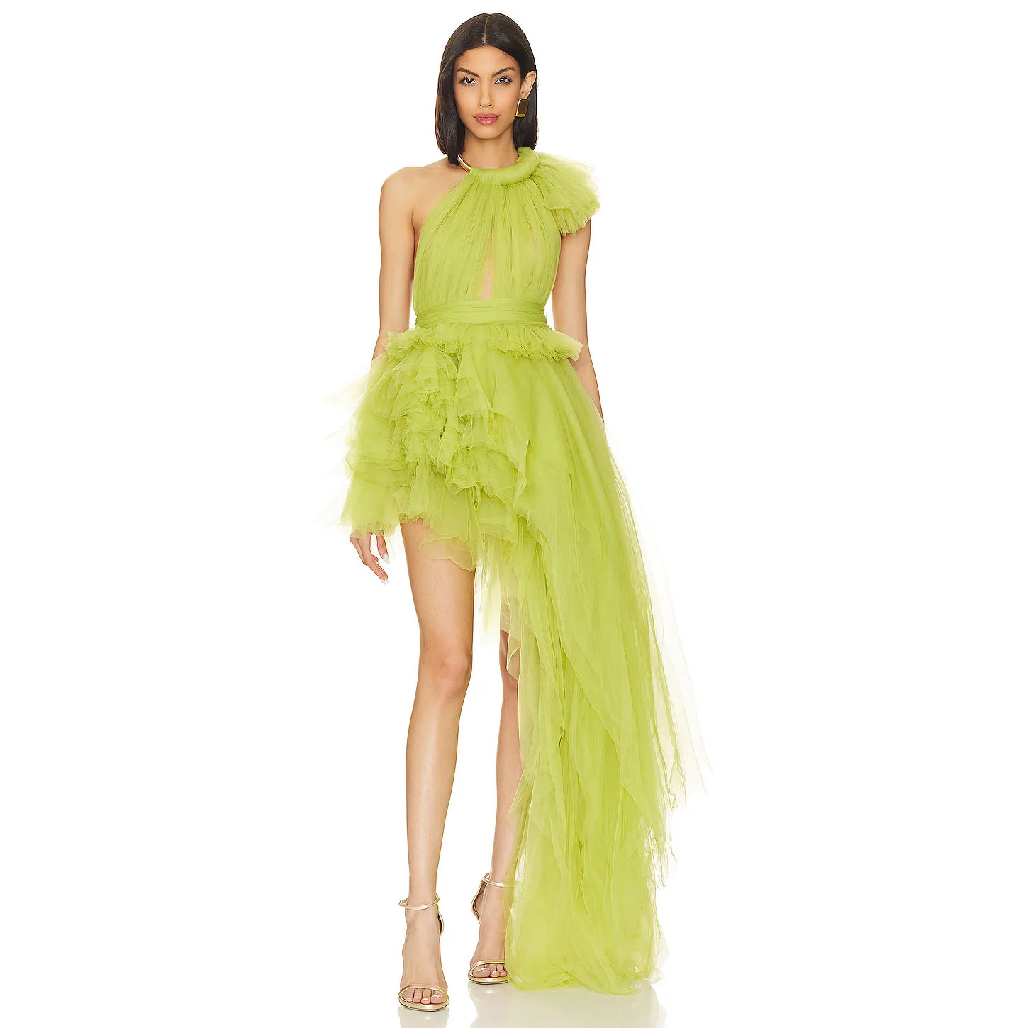 

Sexy Neon Green Women Dresses Floor Length Layered New Fashion Asymmetrical Custom Made Tulle Prom Gowns Backless Lush