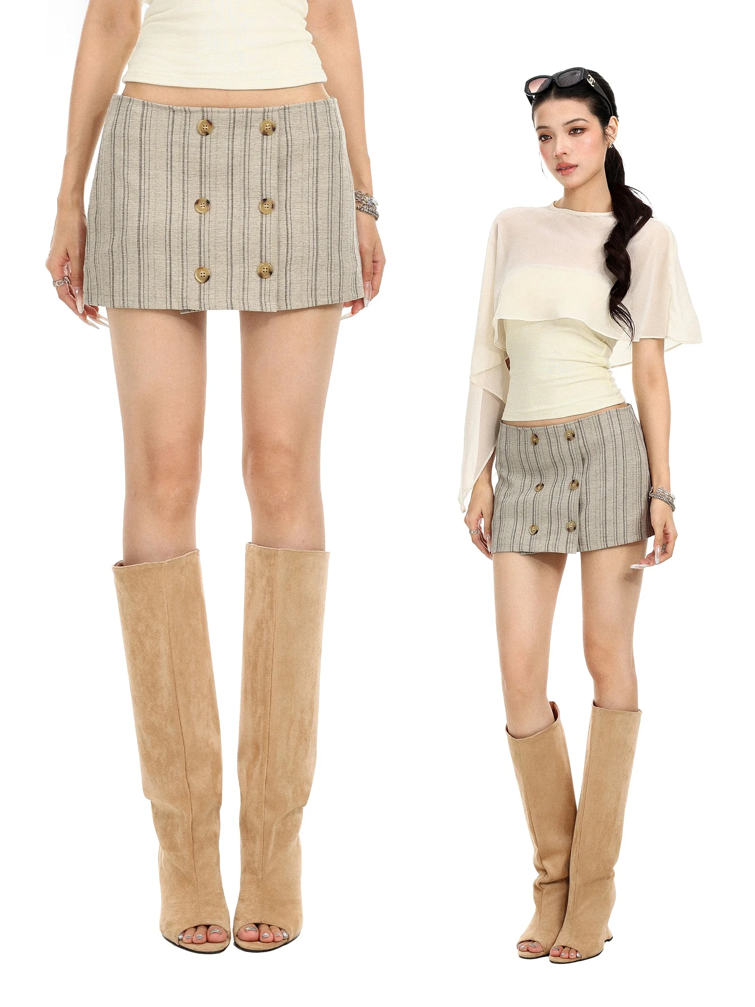Low Waist Vertical Striped Double Breasted Women's  Skirt Fashionable Slimming A-Line Skirt Korean Style Breathable Skin-...