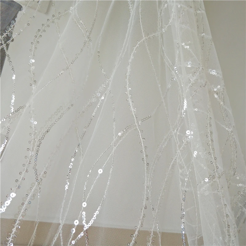 

High Quality New Styles Water Wave Stripes Sequins Embroidery White Lace Decals Fabrics DIY Wedding Dresses Dresses Clothing