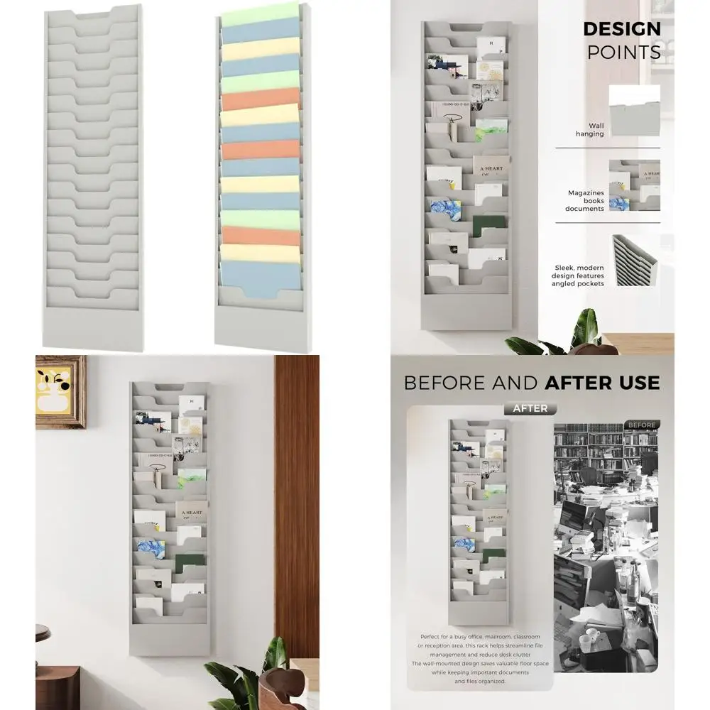 

Gray Powder-Coated Metal Wall-Mounted 16-Pocket Document Organizer, 14x3x46 Inches