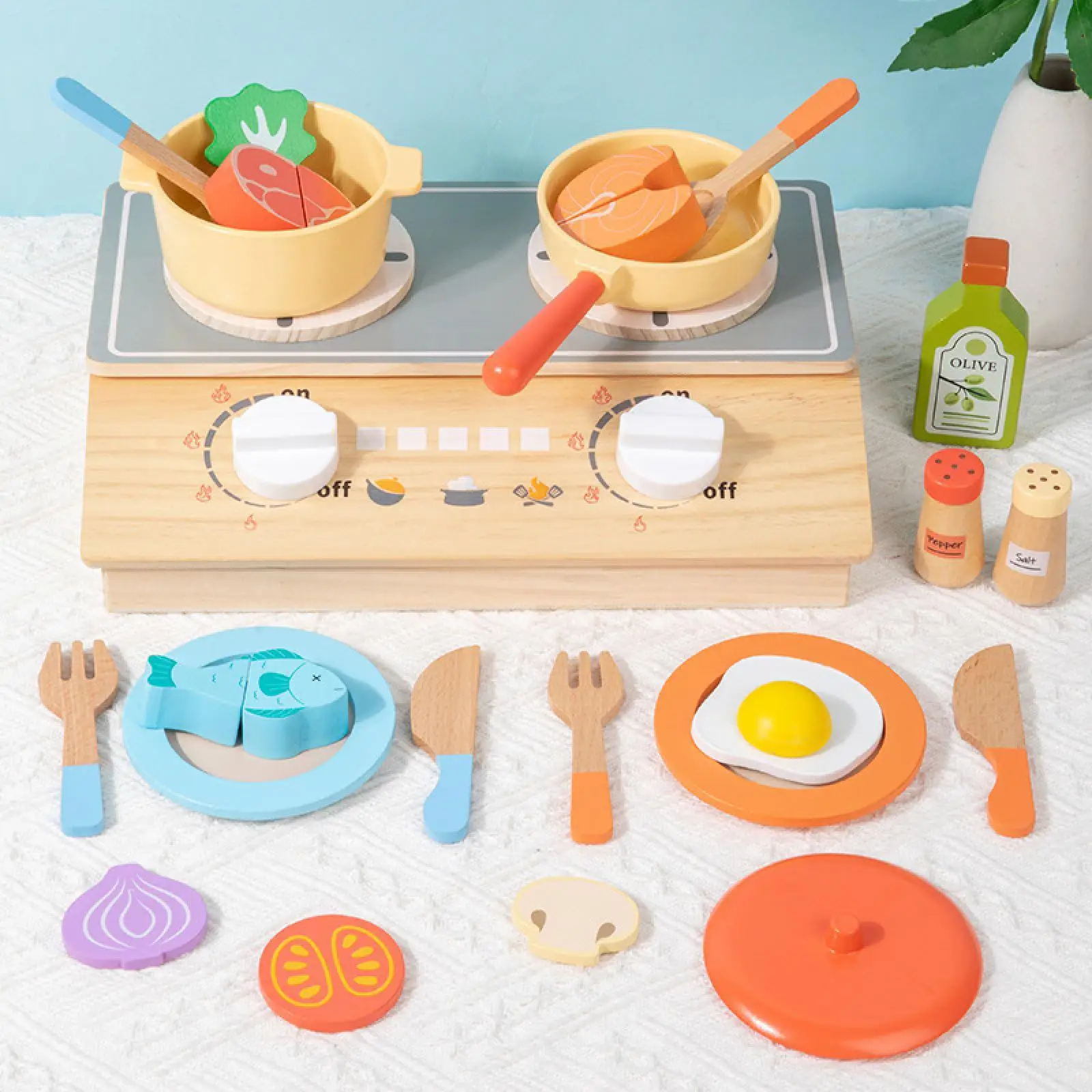 Cooking Utensils Toys Mini Stove Pretend Play Kitchen Set Kids Wooden Playset for Nursery Christmas Classroom Birthday Party