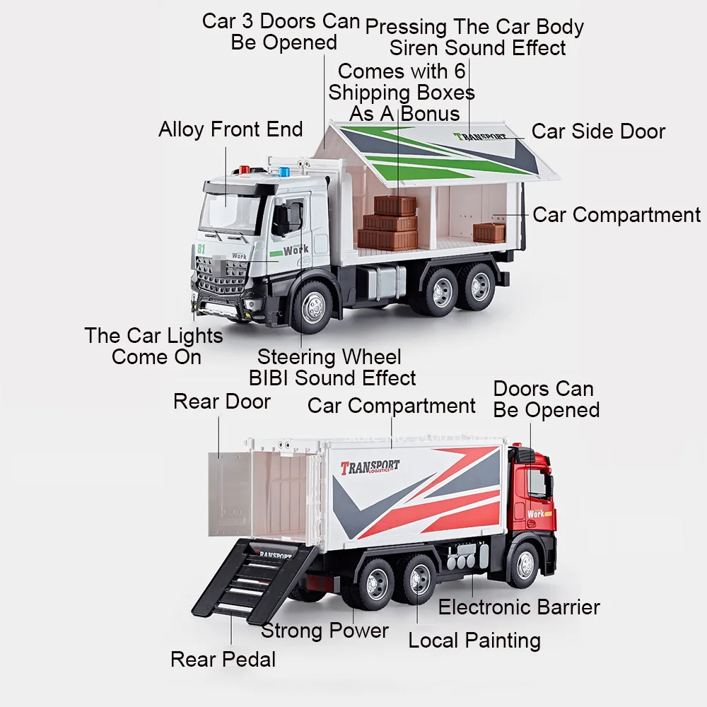 مقياس 1:18 حاوية نماذج من الشاحنات ألعاب إطارات مطاطية لعبة تزيين السيارات مع وظيفة الضوء والموسيقى لهدايا الأطفال البالغين