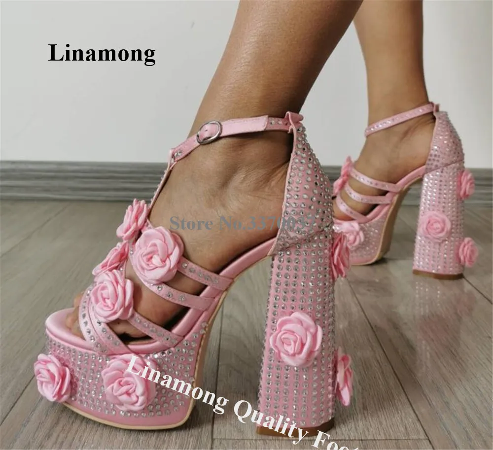 Linamong Bling Bling Pink Rhinestones Flowers Decorated Chunky Heel Sandals Open Toe High Platform Crystals Thick Heels Shoes