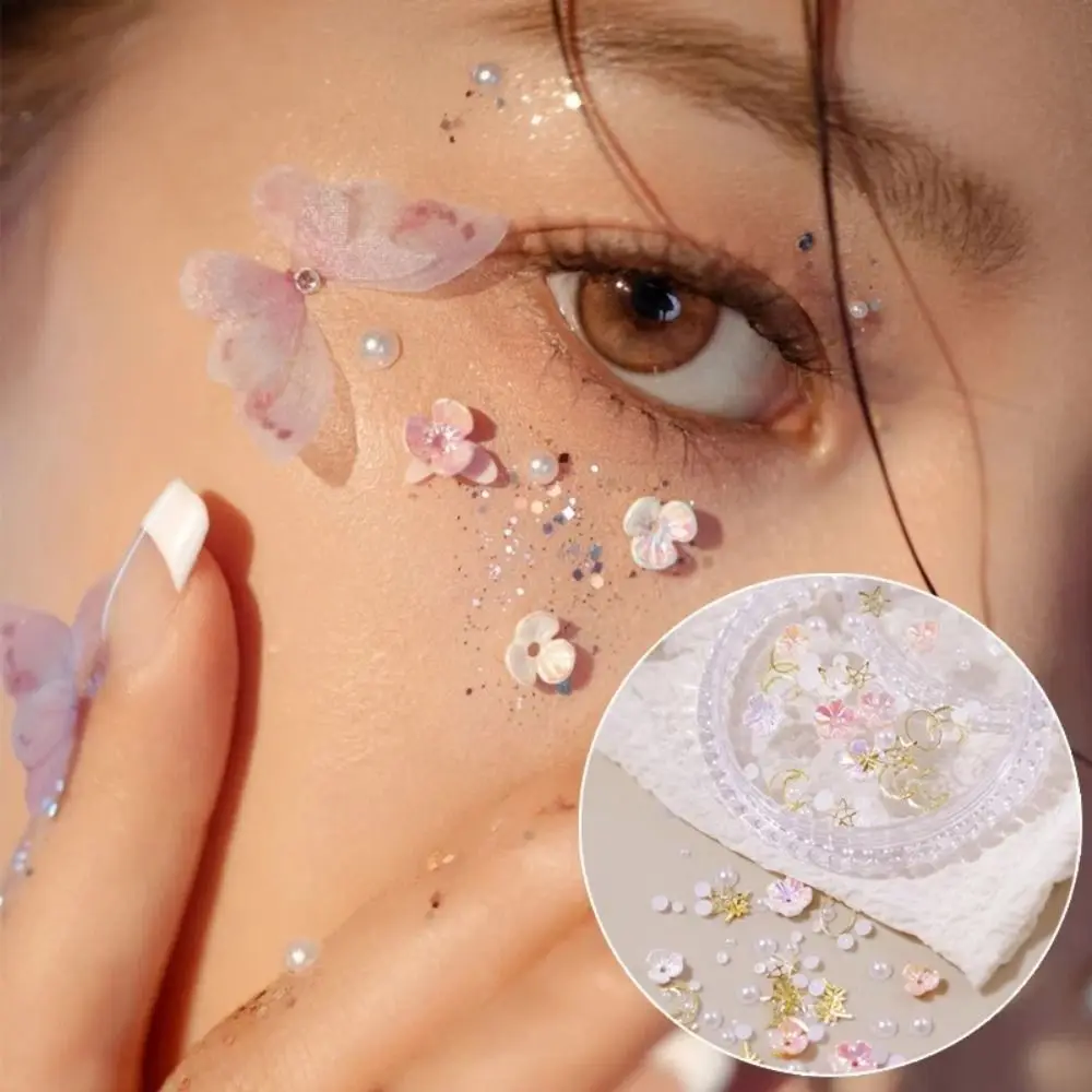 1 Box Butterfly Face Makeup Decorative Patch Pearl Glitter 3D Rhinestones Sticker Adhesive Flower Eyes Face Facial Sticker