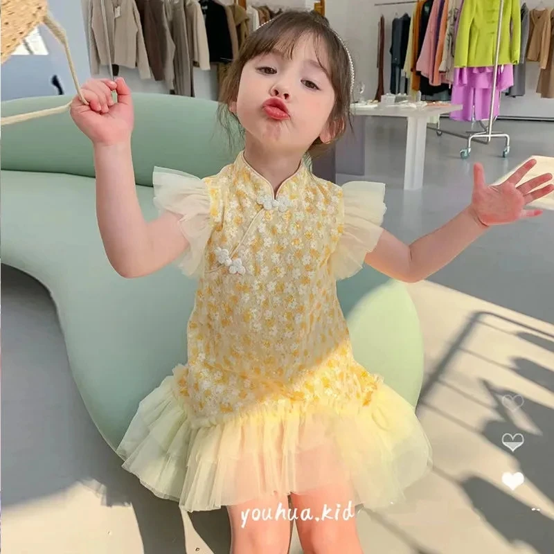 

Stand Collar Girls' Cheongsam Gauze Skirt Summer Children's Princess Skirt Chinese Style Traditional Dress Sleeveless Dress