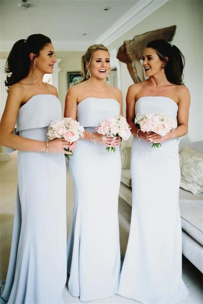 

Ciynsia Simple Strapless Light Blue Evening Dresses Chiffon Bridesmaid Dresses with Bows Wedding Party Gowns Long