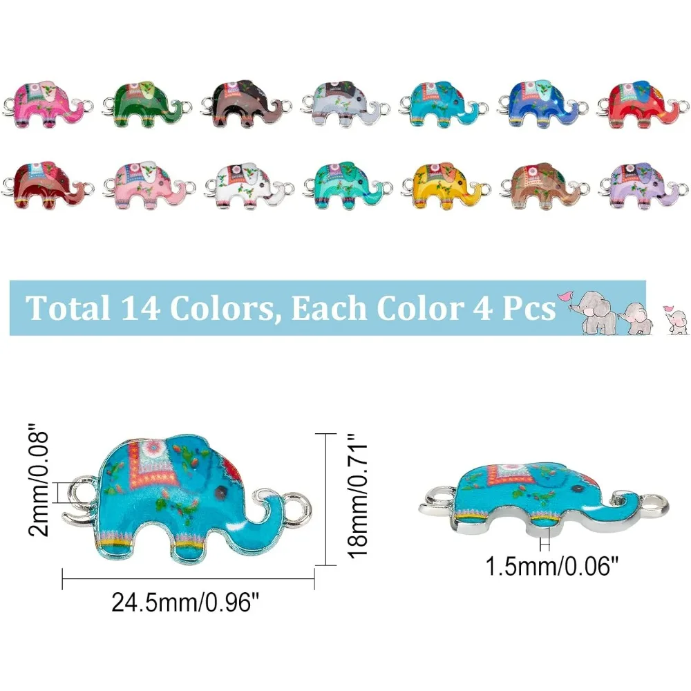 56Pcs 14 Colors Enamel Metal Elephant Charms Connectors Links Elephant Pendant Link with Double Loops for DIY Bracelet Earring