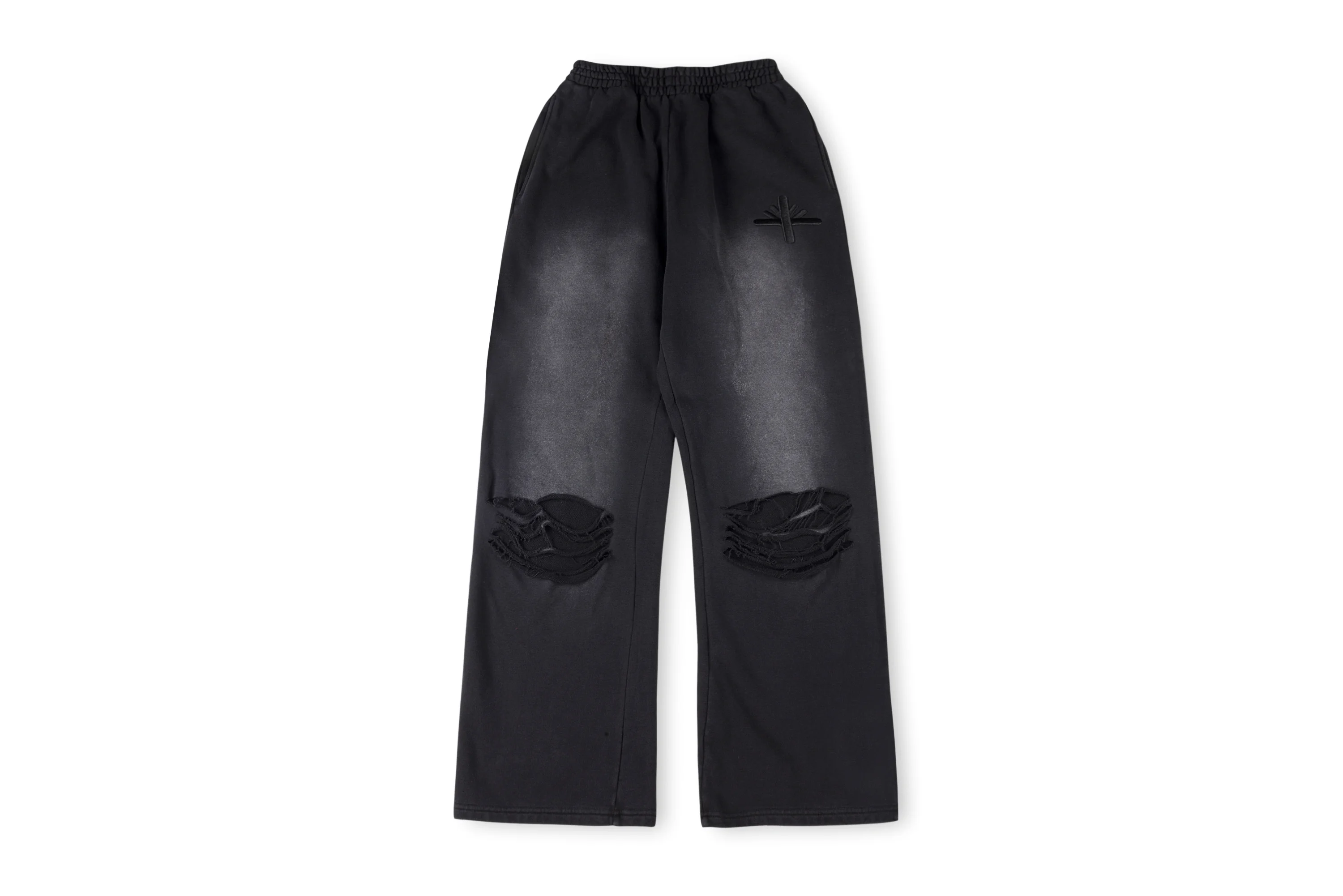 Vertabrae American street wash worn holes embroidered logo trousers