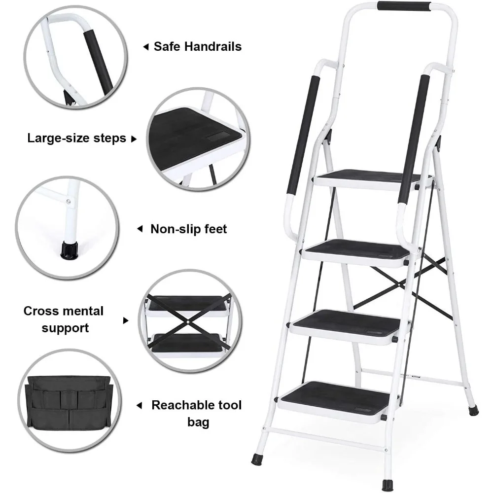 Escada de aço dobrável portátil com capacidade de 500 libras, pedais antiderrapantes, apoios de braços laterais, destacável para fácil armazenamento