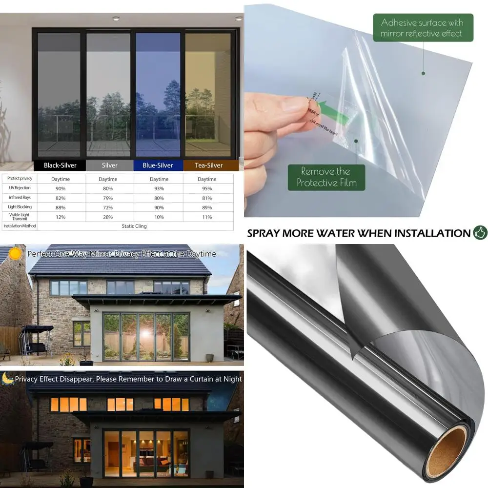 

Односторонняя зеркальная пленка для раздвижных дверей: контроль тепла и УФ-излучения, черно-серебристая, 45,2 x 6,5 футов