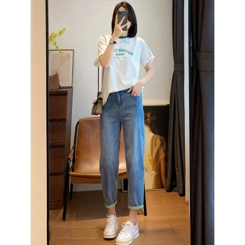 High-Waisted Hip-Hop Slim-Fit Stretchy Jeans Plus Size For Plus Size Women Spring Summer Loose Fit Petite Nine Point Old Dad Pan