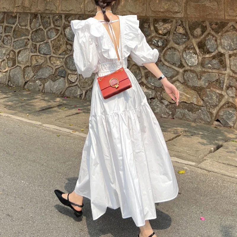 Fashion Ruffles Spliced Temperament Dress Women\'s Clothing Summer Korean All-match Solid Color Simplicity Female Midi Dresses