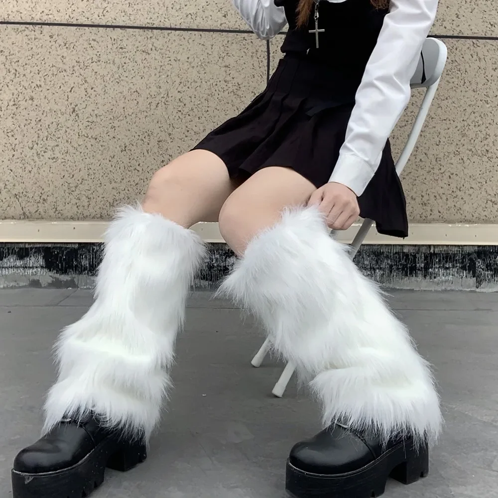 Y2k Harajuku Leg Warmer for Woman Winter Warm Vintage Punk Jk Solid Color Fluffy Faux Fur Boots Cover Thick Calf Cuffs Hosiery