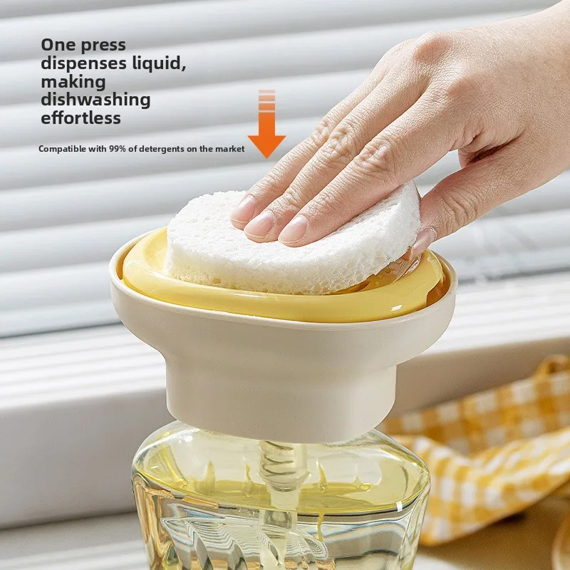 

Нажимной дозатор для кухонной раковины: жидкость для мытья посуды, дезинфицирующее средство для рук, губка-мочалка, щетка для чистки, дозатор для жидкости.