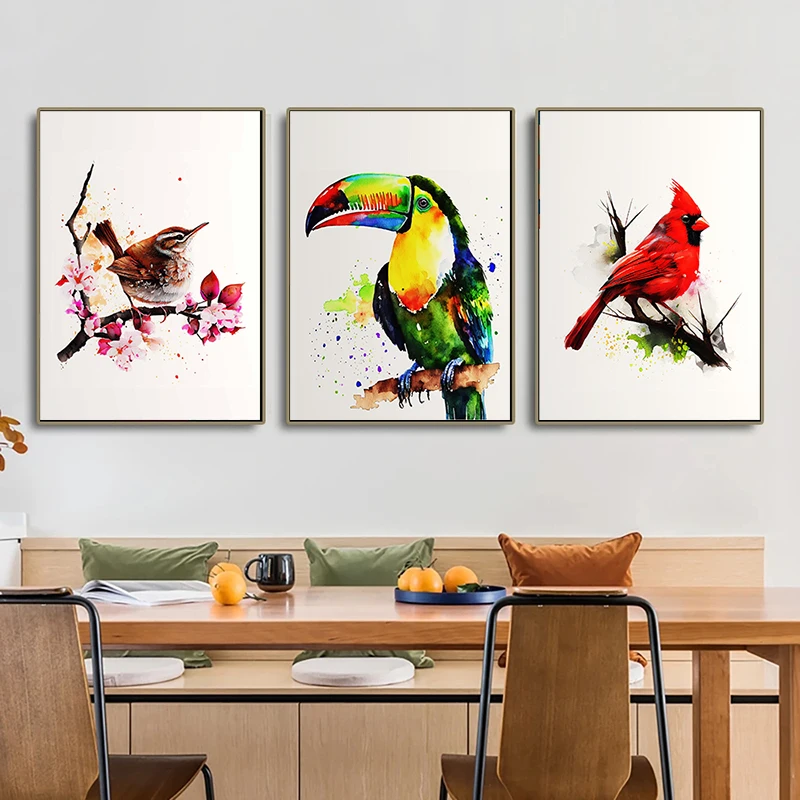 Birds Standing on Branches Watercolor Poster Goldfinch Hummingbird Crow Toucan Canvas Painting Wall Art Picture Home Decor