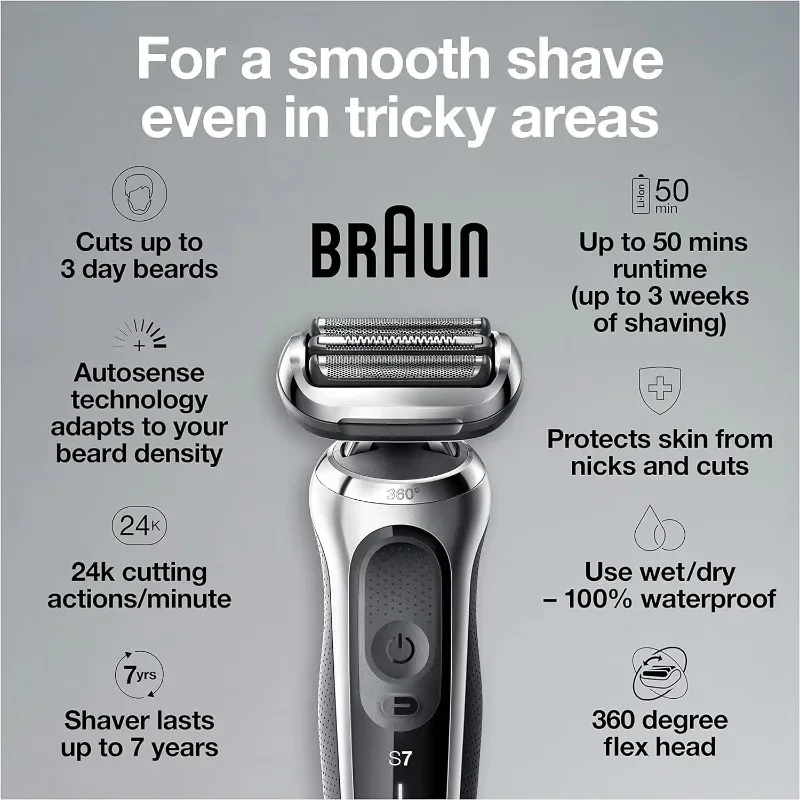 Braun Series 7 7020s Flex Electric Razor for Men with Precision Trimmer, Wet & Dry, Rechargeable, Cordless Foil Shaver, Silver