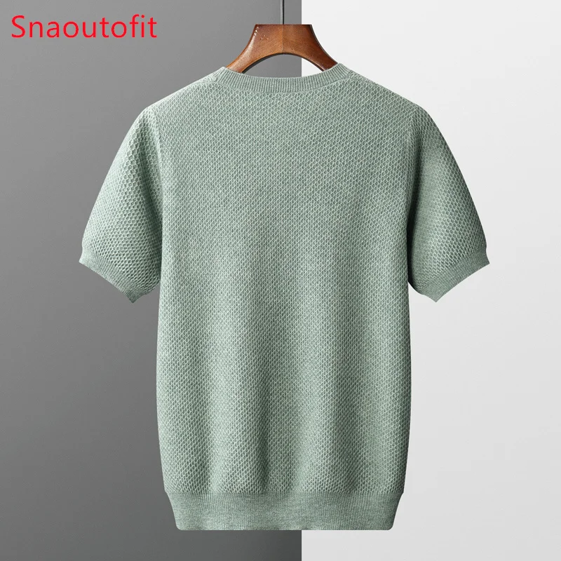 Spring and Summer Men's Short Sleeved Pure Wool Knitted T-Shirt O-neck Beehive Pullover for Men Success Business Casual Sweater