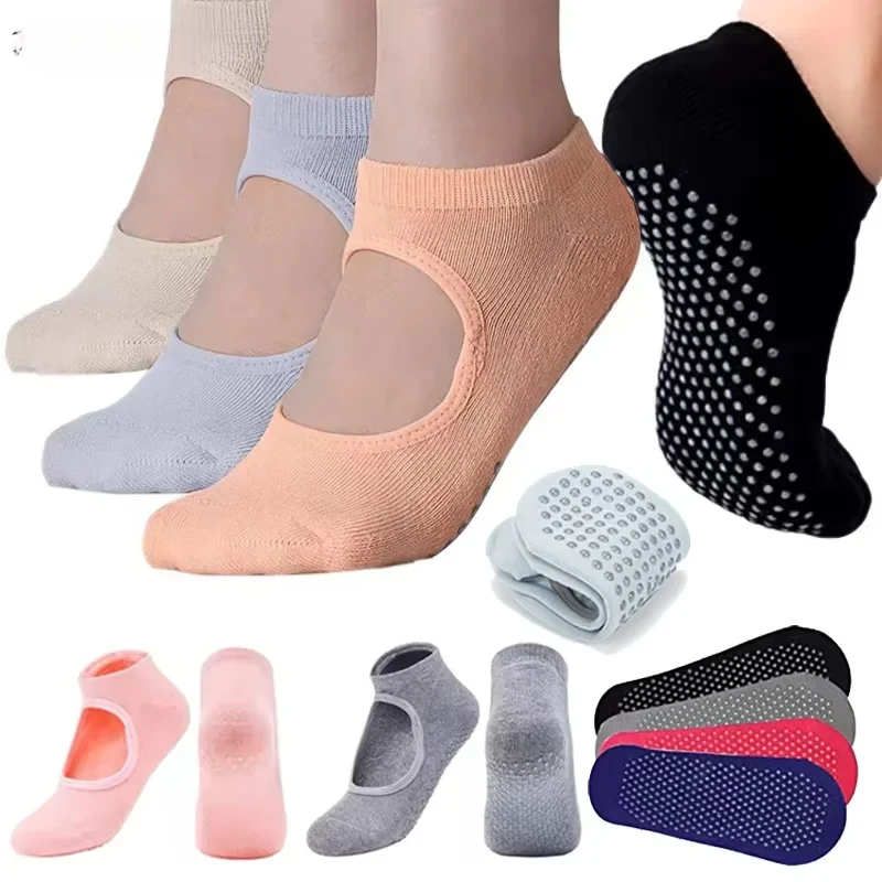

1 пара профессиональных женских носков для йоги, силиконовые противоскользящие носки для балета и пилатеса, женские дышащие носки без задней части с ремешками для танцев и спорта