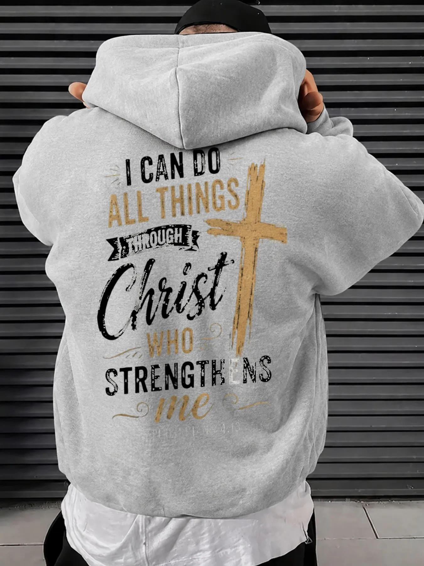 Faith Philippians 4:13 I Can Do All Things Through Christ Who Strengthens Me Print, Vintage Distressed Men'S Graphic Hoodie, Long Sleeve Hooded Style, Casual Daily And Weekend Wear