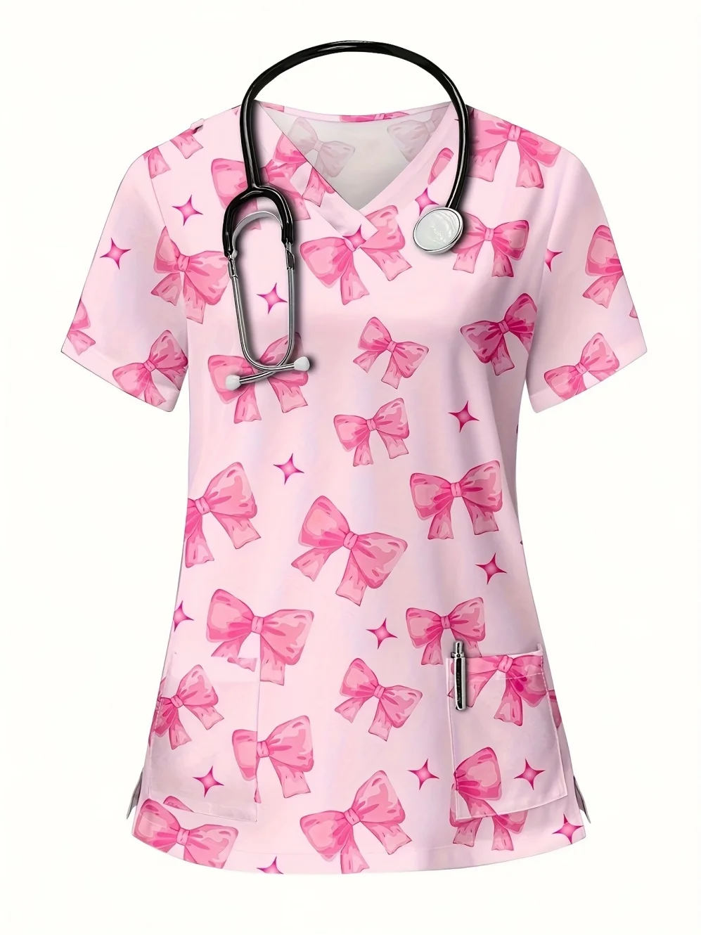 uniformes-medicos-femininos-com-estampa-de-laco-rosa-moda-spa-uniformes-clinicos-com-decote-em-v-tops-confortaveis-de-manga-curta-uniformes-dentais-para-mulheres