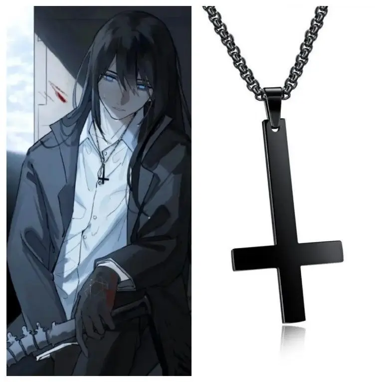 White Six Black Inverted Cross Necklace Men Women Personalized Platinum Simple White Willow Titanium Steel Pendant Accessories