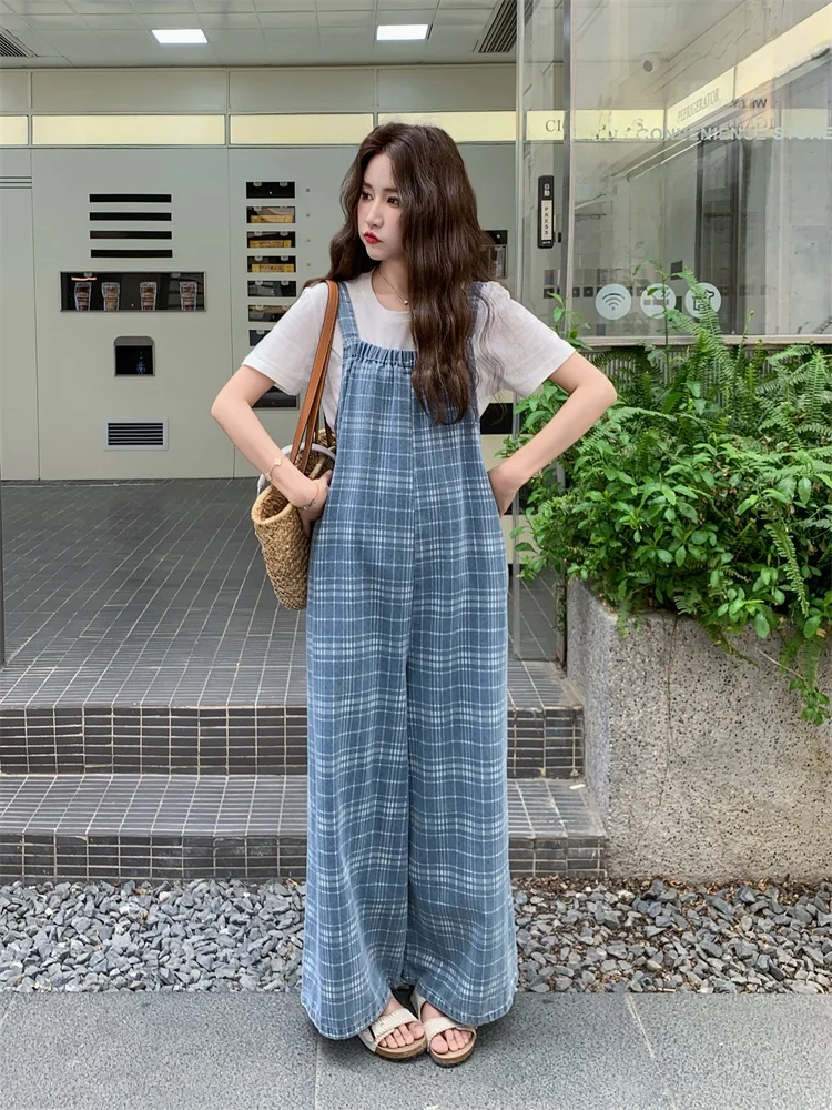 

Trendy Plaid Denim Overalls Women Summer 2026 New High Waist Wide Leg Pants Casual Lazy Style Jumpsuits High End Feeling