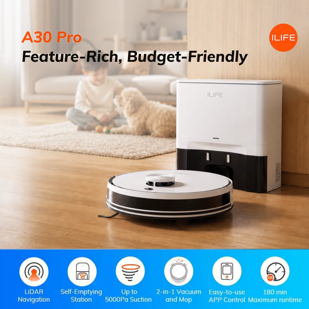 ILIFE A30 Pro Robot Vacuum Cleaner with Automatic Self-Emptying Station, 5000Pa , LDS Navigation, 180min, 2-in-1 Mop and Sweep