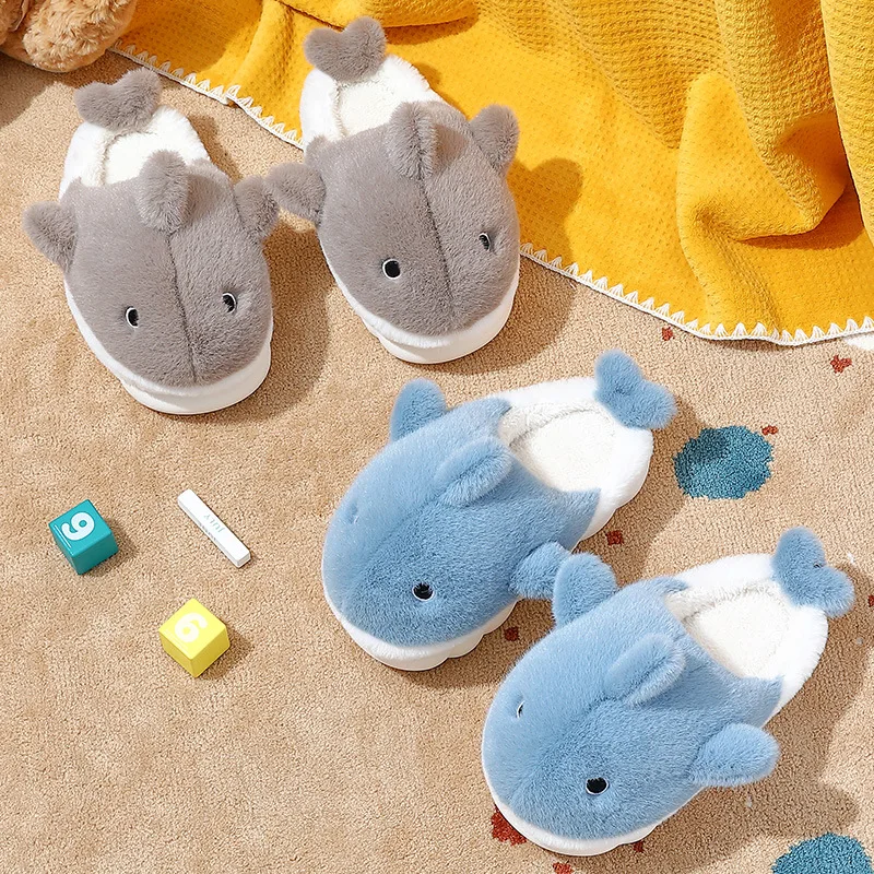 Winter Cute Cartoon Whale Cotton Slippers Children Thickened and Velvet Non Slip Couple Adult  Autumn Indoor Home Slippers Shoes