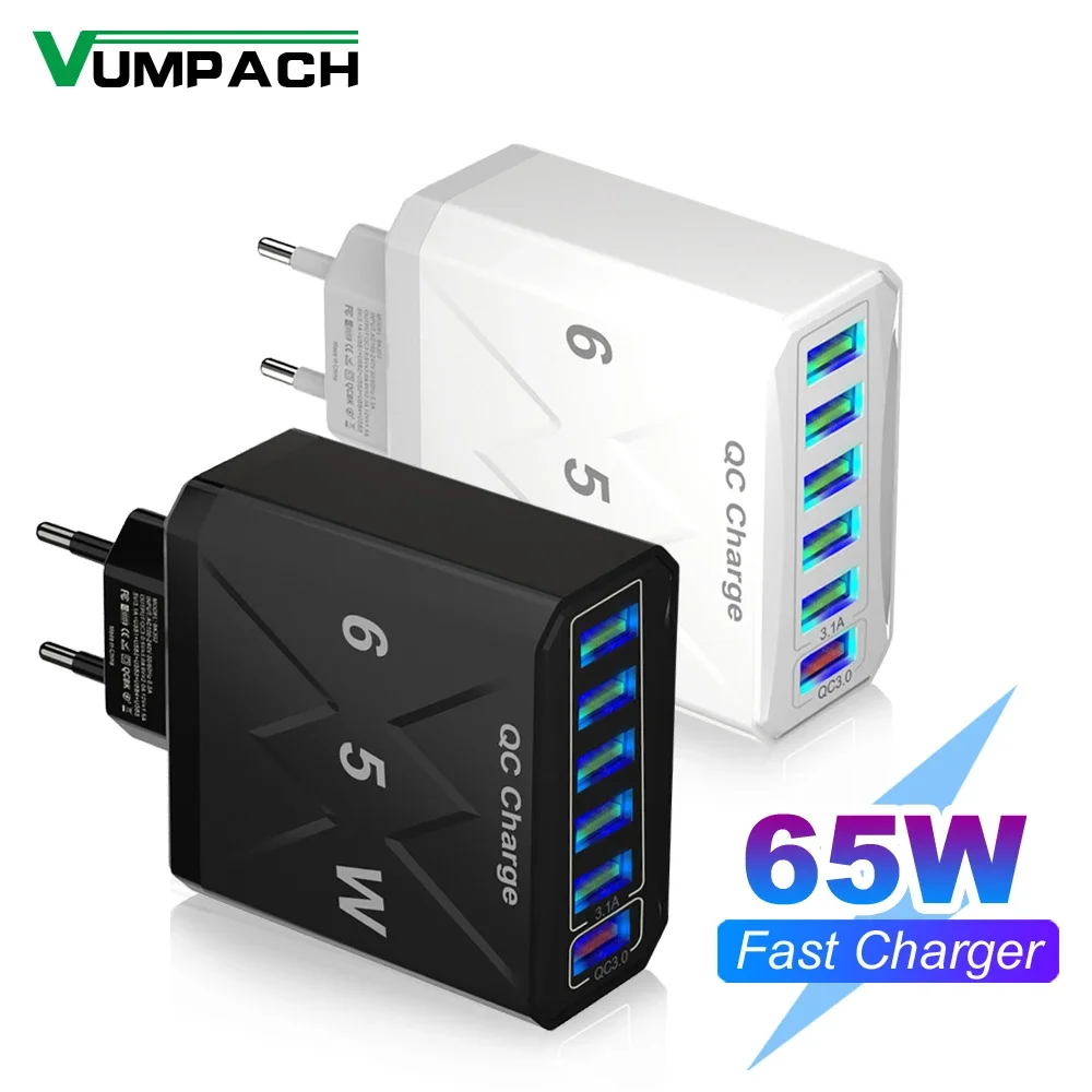 6 USB Ports 65W Fasy Charger Fast Charging QC3.0 Travel Charger For iPhone Samsung Xiaomi Mobile Phone Adapter EU KR US UK Plug