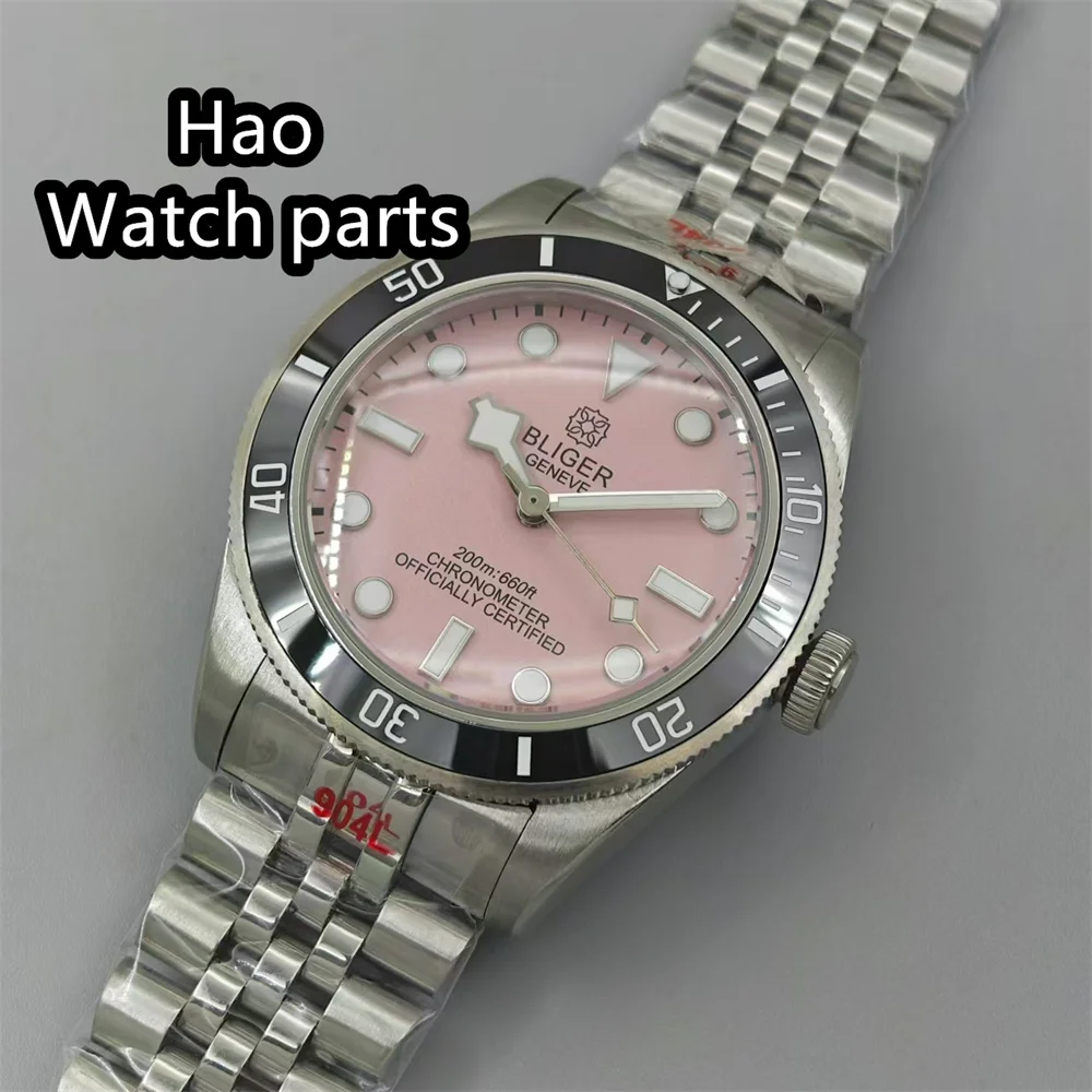 BLIGER 39mm Sterile NH35A PT5000 Orologio da uomo Zappato Cristallo di zaffiro Ceramica Lunetta Quadrante rosa Orologio da polso automatico luminoso verde