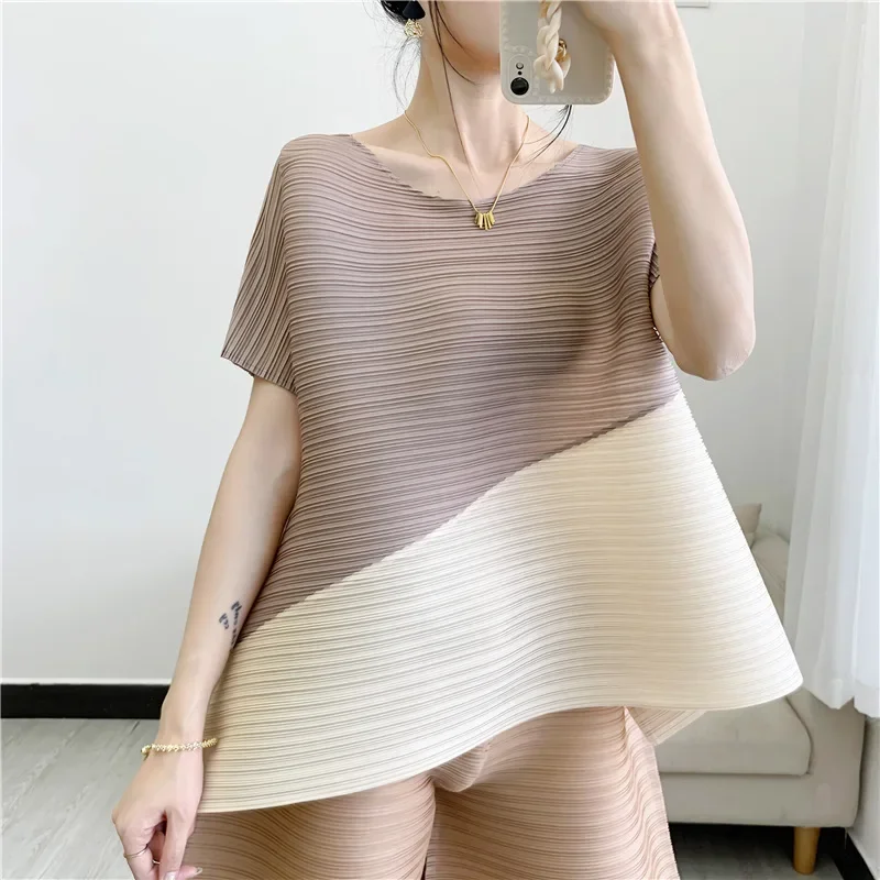 ALSEY Miyake Pleated Tops Loose Plus Size T-shirt Fashion Casual Pleated Clothes Color Blocking Irregular 2024 Summer New