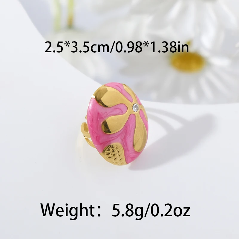 May@RZ delicate and stylish retro stainless steel oval flower pink enamel zircon ring, suitable for daily commuting, holiday
