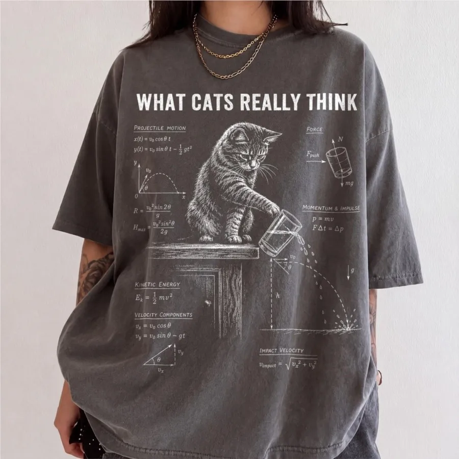 What Cats Really Think Oversized T shirt 100% Cotton Vintage Washed T-shirt for men women hiphop streetwear 0906-1