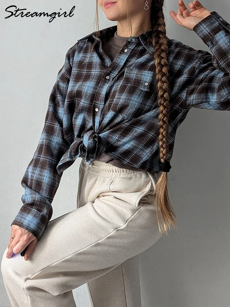 Plaid Oversized Shirts For Women Office Autumn Winter Loose Buttoned Shirt Pocket Long Sleeve Shirts Oversized Vintage Blouses