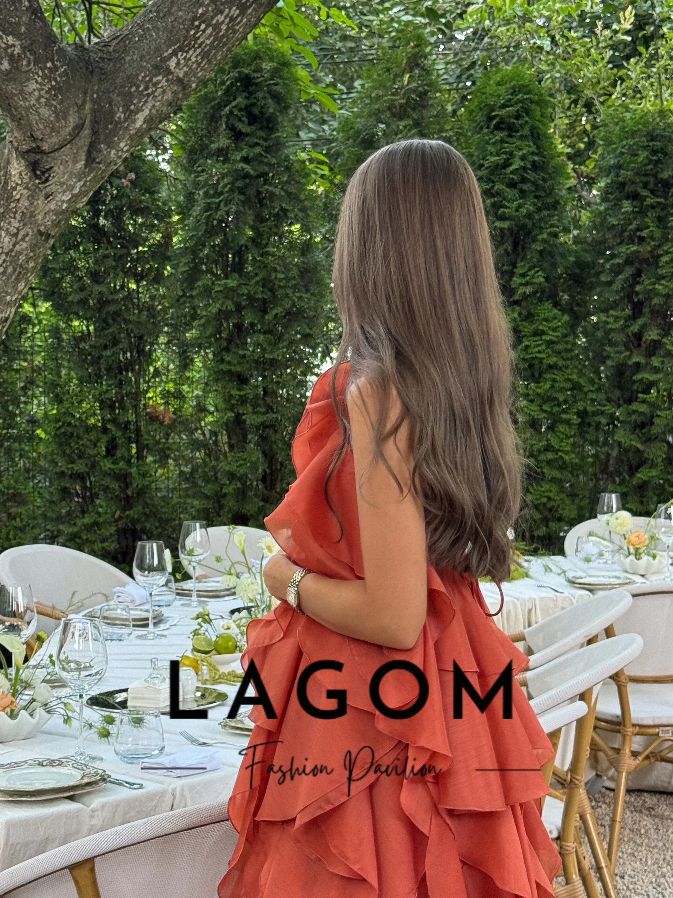 Lagom Exquisite Orange Evening Gown Dress Unique Halter 3D Flower Multi‑Layer Ruffle Crinkle Chiffon Loose Long Flowy شارون سعيد