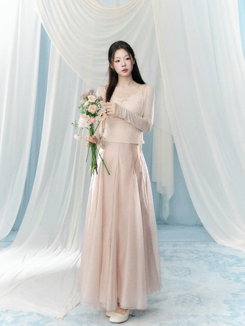 New Korean Fashion Three Piece Set Women High Quality Elegant Slim Waist Camisole + Long Sleeve Coat + A-line Skirt Women's Suit
