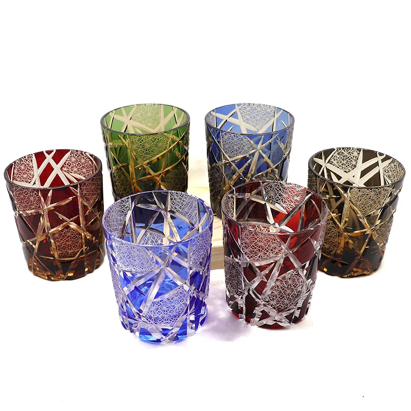 Handcrafts Hand Cut To Clear Multi-Colored Whiskey Glass Japanese Style Edo Kiriko Old Fashioned Glass Tumbler In Gift Box