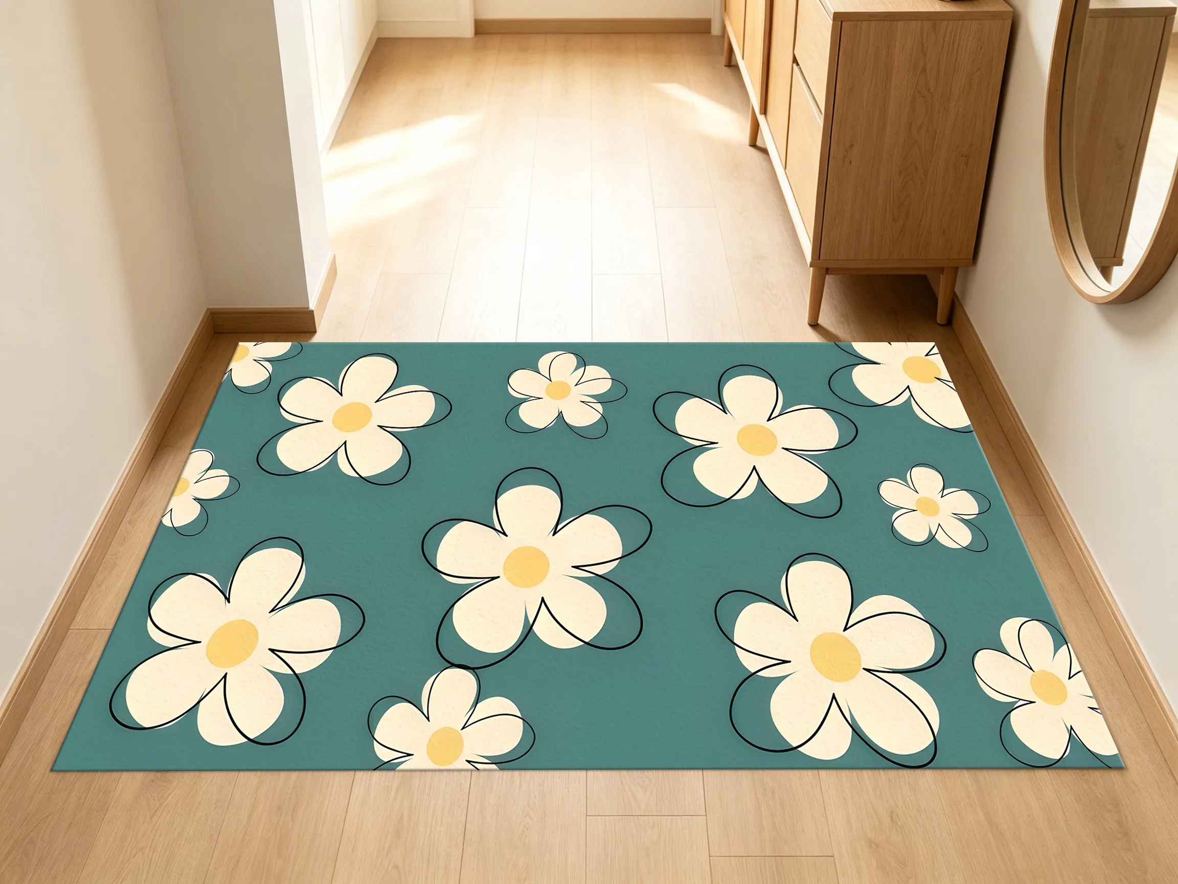 Simple Line Drawing Style with Light Blue, Milky White, and Yellow-Centered Small Flowers, Perfect for a Fresh Spring Look Suitable for Bedrooms, Living Rooms, and Entryways, It Creates a Gentle, Soothing, and Relaxing Atmosphere.