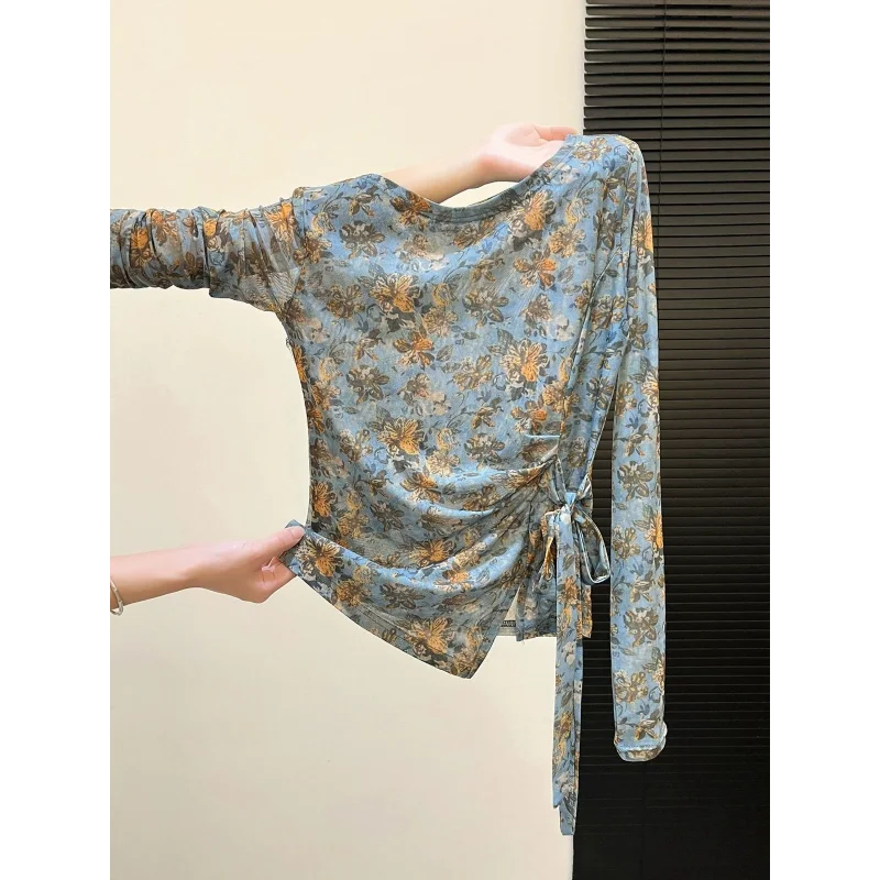 Retro Old Flower Design Long-sleeved Double-layer Mesh Top with Strap Waist T-shirt Distressed Printed Blouse Autumn