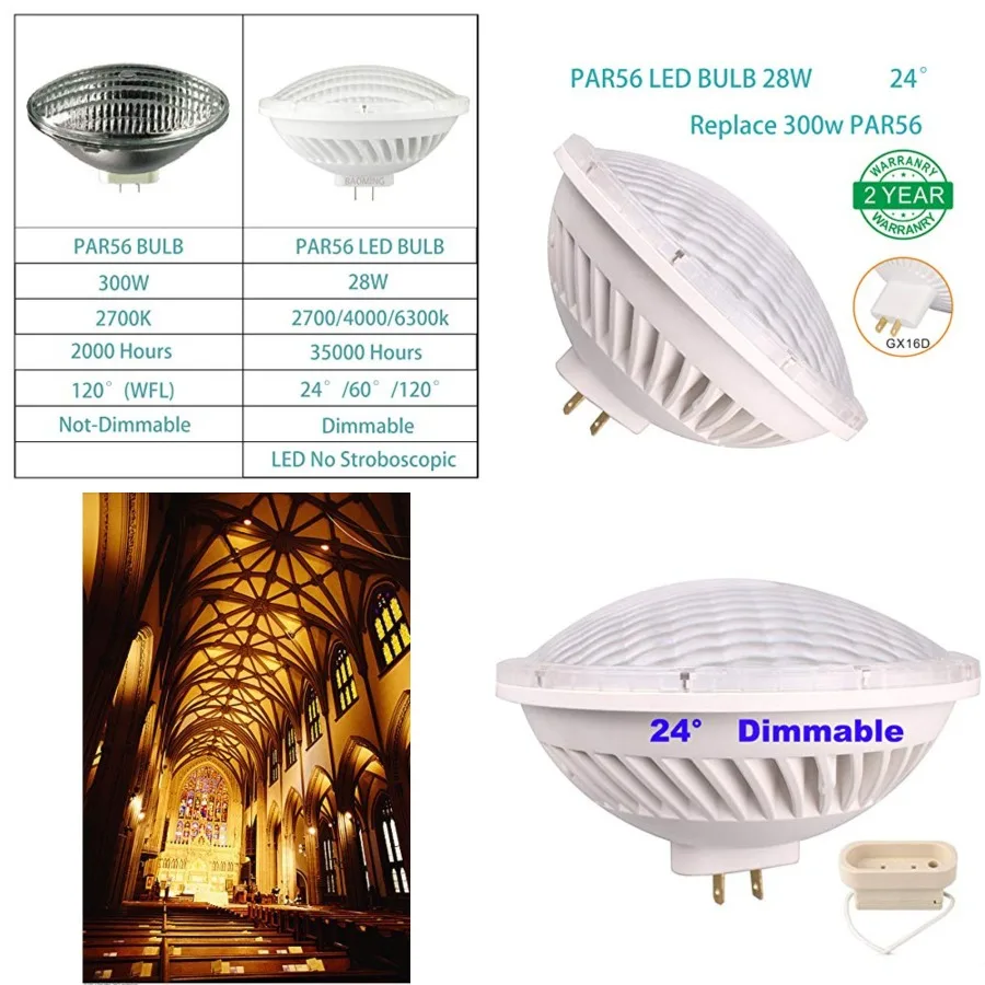 Par56 LED Bulbs Dimmable 28W 300W Par 56 Halogen Equivalent Soft Warm White (2700~3000K) 24°Beam Angle AC/120V GX16D Base
